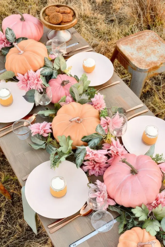 Pembe çiçekler, yeşillik, pastel renkli balkabakları ve bakır çatal kaşıklarla tamamlanan pastel tonlarda sonbahar masası.