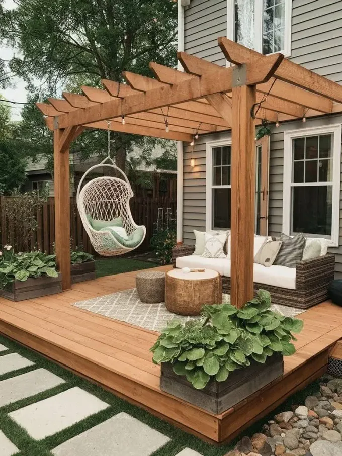Basit boyalı pergola ışıklarla süslenmiş, hasır mobilyalar dinlenmek için modern bir alan oluşturuyor.