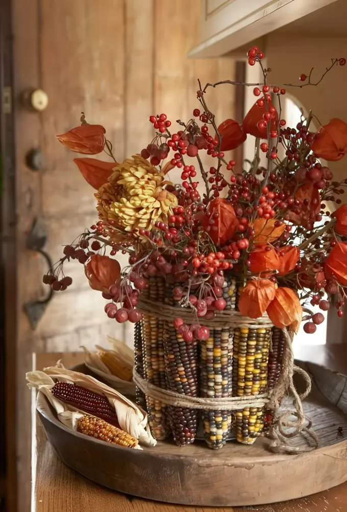 Mısır koçanları ve yapraklarıyla kaplanmış, meyve ve kuru çiçeklerle doğal bir görünümde sonbahar masa ortalığı.