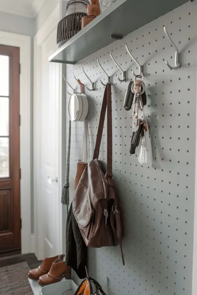 Gri pegboard hafif görünüyor, küçük alanlar için ideal.