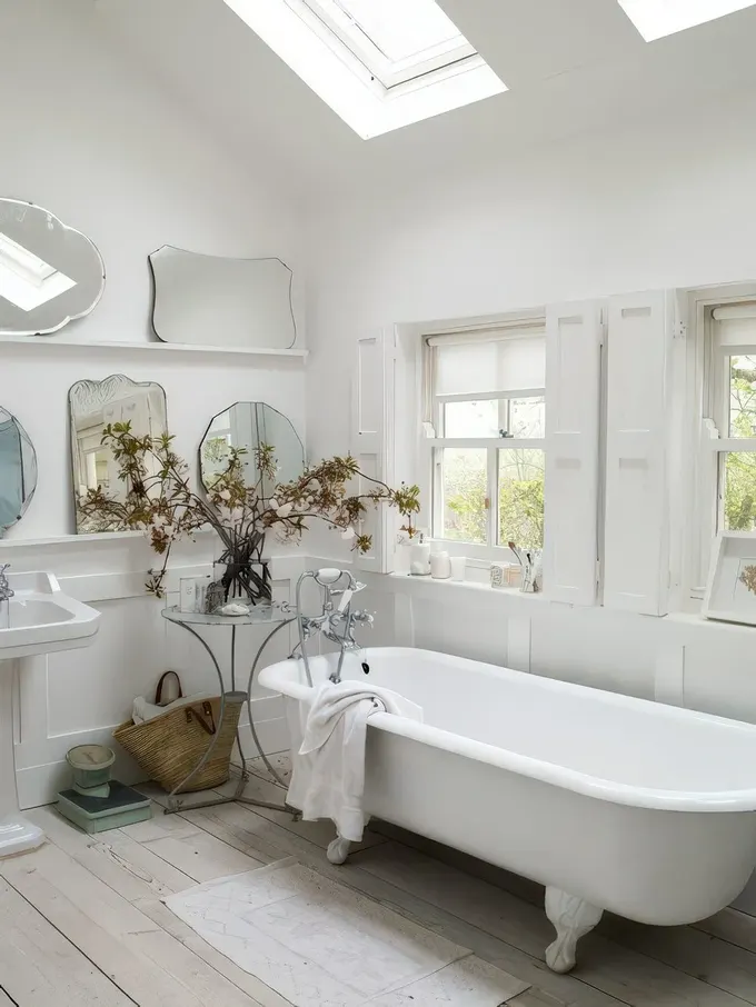 Şık beyaz banyo, tavan pencereleri ve pencereler, kepenkler, topuklu küvet, ayna düzenlemesi ve kurutulmuş çiçekler.
