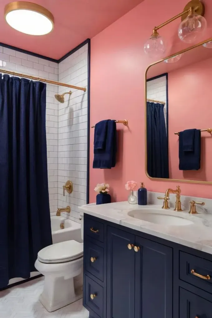 Cesur pembe duvarlar ve lacivert lavabo ile kontrast yaratan banyo, lacivert tekstillerle desteklenmiş.
