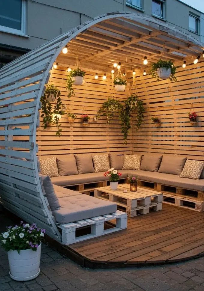 Yuvarlak pergola yapmak biraz zor olabilir ama görün! Köşe koltuk çok kişi alır, sarkan saksılar ve ışıklar şıklık katıyor.