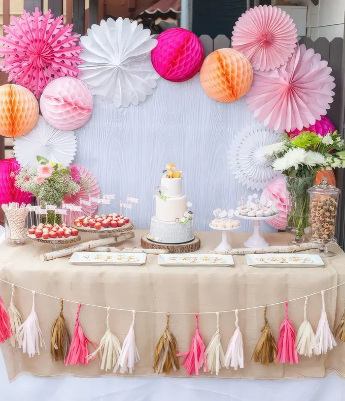 Renkli kağıt pompoms ve yelpazeler, canlı çiçekler ve parlak püsküllü süs dizisiyle pembe ve fuşya tatlı masası.