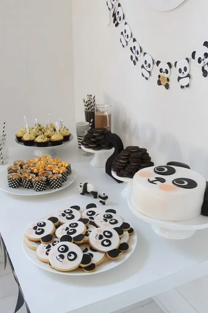 Panda temalı parti süsleri, panda kurabiyeleri, pandalı pasta ve siyah beyaz tatlılarla eğlenceli bir masa.