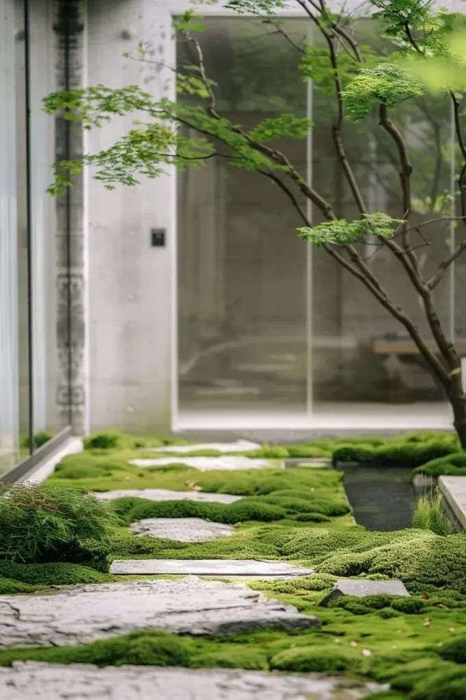 Modern Japon tarzındaki alanda küçük bir ağaç, gölet ve yosunla kaplı ardışık taşlar var. Yosunla kaplı bahçe canlı ve rahatlatıcı bir atmosfer sunar.