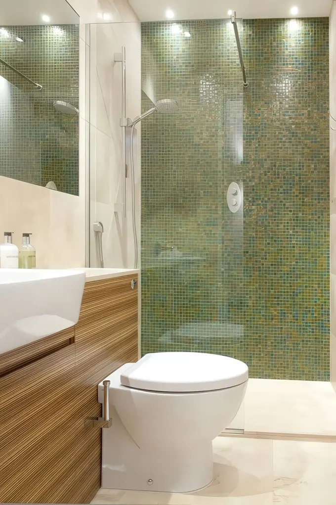 Bambu panellerle kaplanmış lavabo ve tuvalet bir arada.