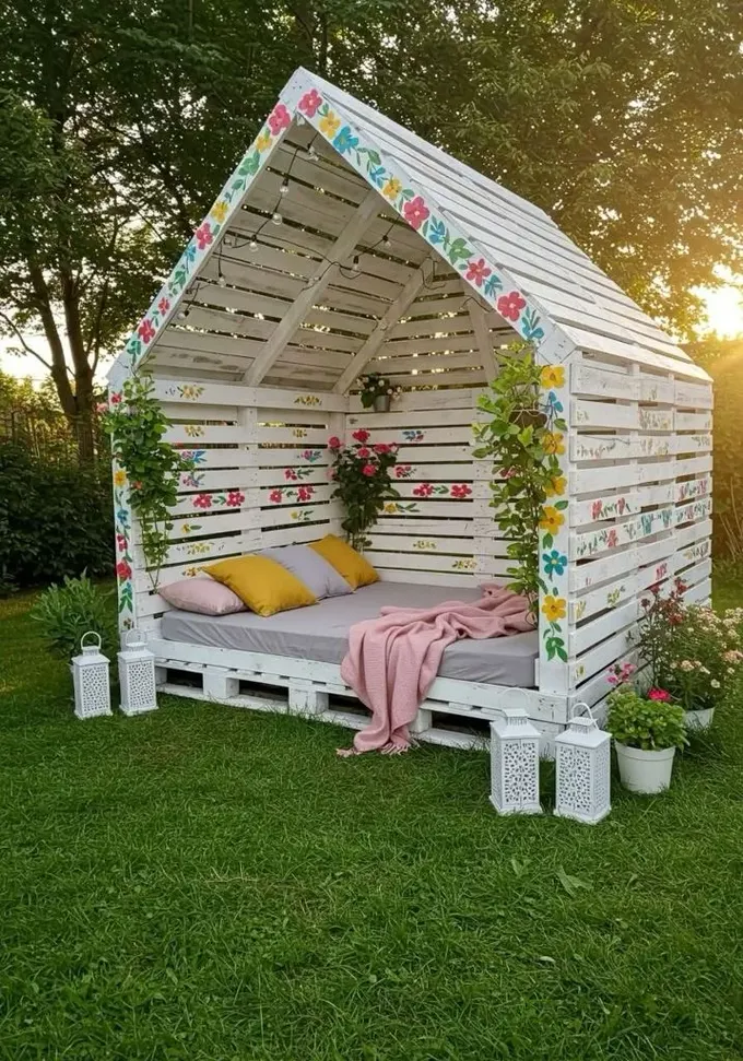Boyalı çiçekler ve yeşilliklerle süslenmiş bu güzel palet ev şeklindeki pergola dinlenmek için harika; güneşlenme yatağı davetkar.