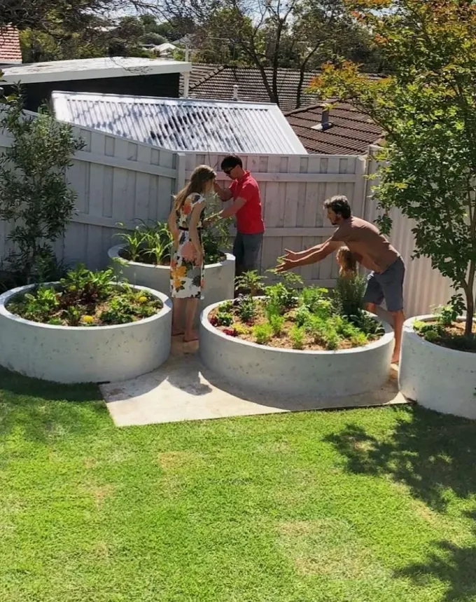 Yükseltilmiş beton bahçe yatakları ve yeşillikler, modern mekan için mükemmel bir çözüm.