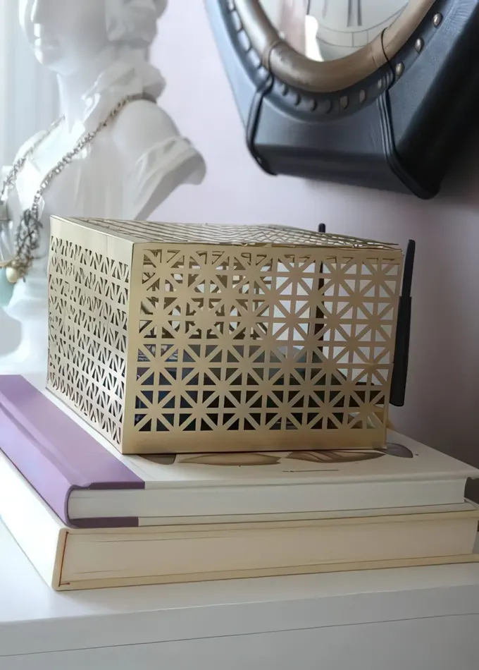 Lazer kesim metal kutu, wi-fi router'ınızı gizlerken dekoru bozmaz, hoş görünür.