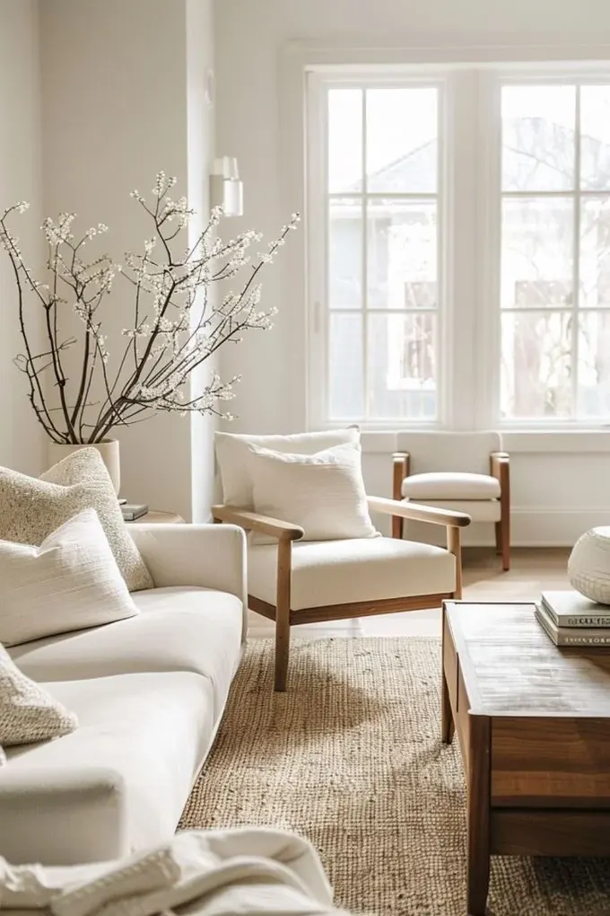 Dokulu halı, boyalı ahşap sehpa ve yumuşak yastıklarla minimalist oturma odanızı daha sıcak yapın.