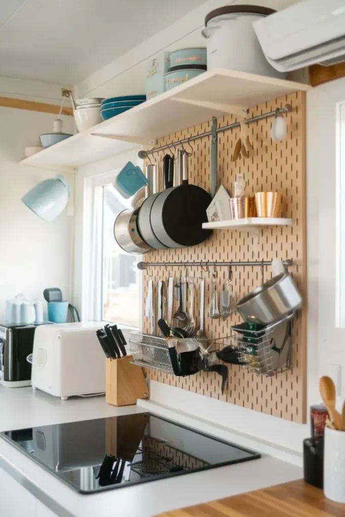 Ocak üzerindeki metal tutuculu pegboard, tencere, mutfak gereçleri ve diğer pişirme araçlarını akıllıca depolar.