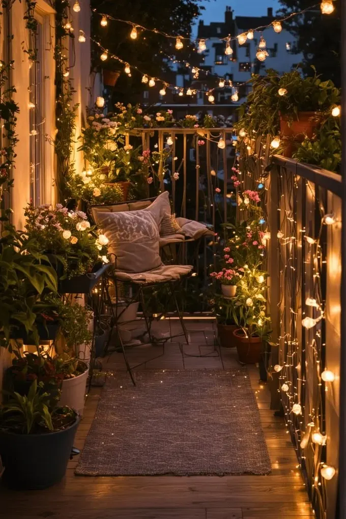 Balkon, saksı yeşillikleri ve çiçeklerle dekore edilmiş hayal gibi bir alan; her yerdeki ip ışıklar anında atmosferi yükseltiyor.