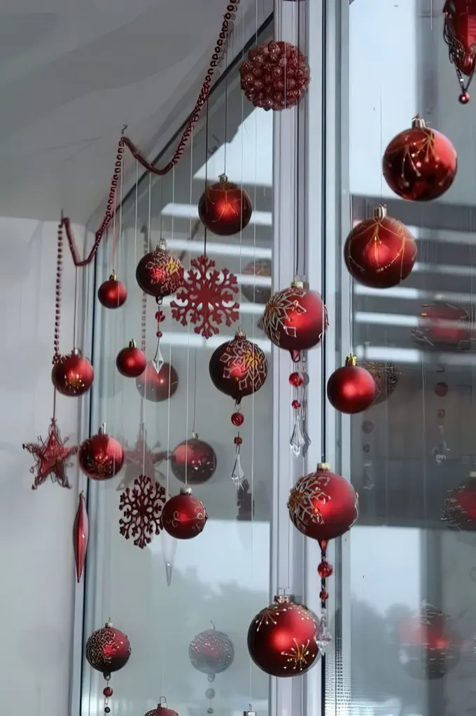 Bir pencereyi kırmızı Noel topları, kar tanesi süsleri ve boncuklu süs dizileriyle dekore edin.