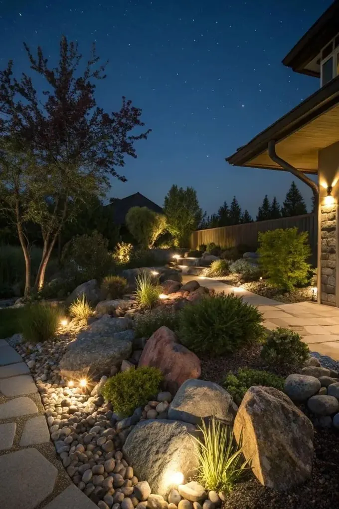 Xeriscape, ağaçlar, çalılar ve çimenlerle canlanan çok sayıda taş ve kayadan oluşuyor. Işıklar manzaranın bazı bölümlerini aydınlatıyor.