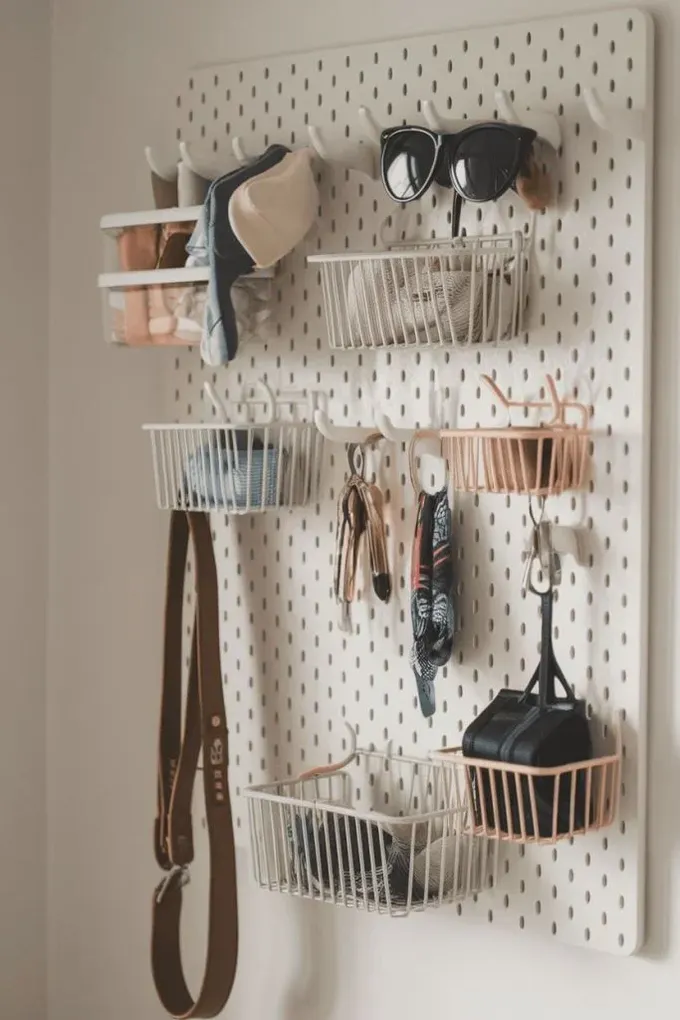 Beyaz pegboard birçok tel sepetle tamamlanmış ve görsel olarak hoş duruyor.