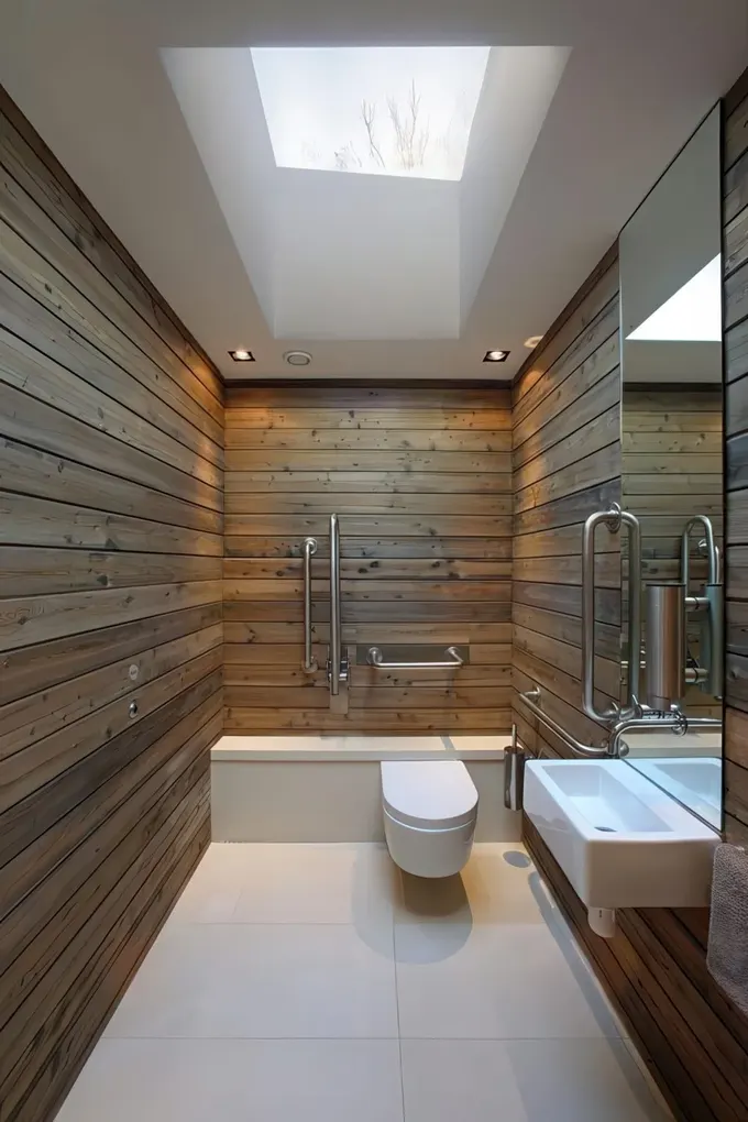 Minimalist ahır banyosu, ahşap panellerle kaplı, geniş tavan penceresi, gömme ışıklar, büyük ayna ve duvara monte lavabo.