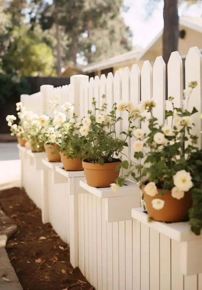 Terracotta saksılarda beyaz çiçekler, çitin çiftlik evi estetiğini destekliyor.