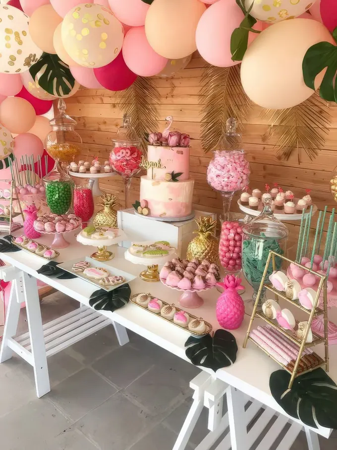 Balon süs dizisi, altın yaldızlı tropik yapraklar, yapay ananaslar ve kavanozlar ile fuşya ve parlak pembe tatlı masası.
