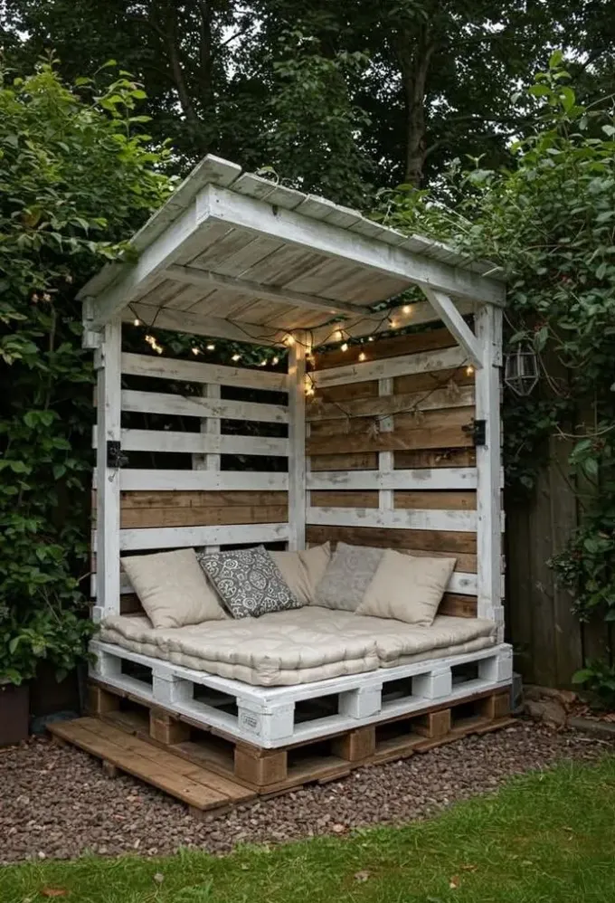 Köşe pergola, üstünde ışıklar olan sevimli bir güneşlenme yatağı; uyumak için çok rahat bir yer.