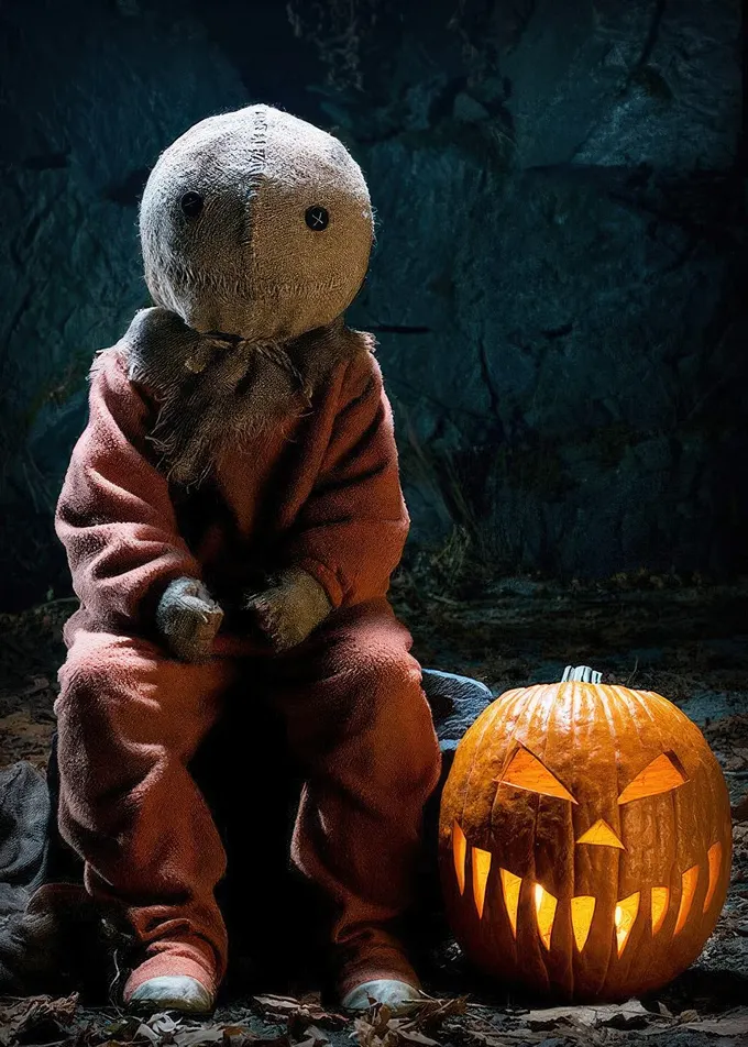 Karanlıkta parlayan tehditkar bir jack-o’-lantern’ın yanında tüyler ürpertici bir çuval bezinden yapılmış oyuncak oturuyor. Dış mekan süslemeleri için tam korku filmi havasında.