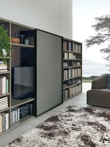 Modern alanlar için stil sahibi ve kolayca TV gizleyen sürgülü panel kitaplık fikri.