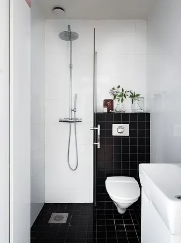 Küçük siyah beyaz karolu banyo, duş alanı, lavabo ve ferahlatıcı yeşilliklerle.
