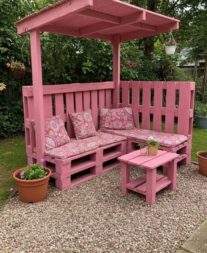 Parlak pembe pergola ya da tavan, köşe koltuğu ve masa ile tamamlanmış, yastıklar uyumlu.