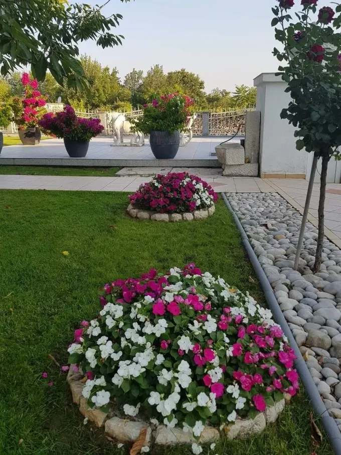Küçük yuvarlak bahçe yatakları parlak çiçeklerle dolu, her dış mekana hoş renk vurgusu katıyor.