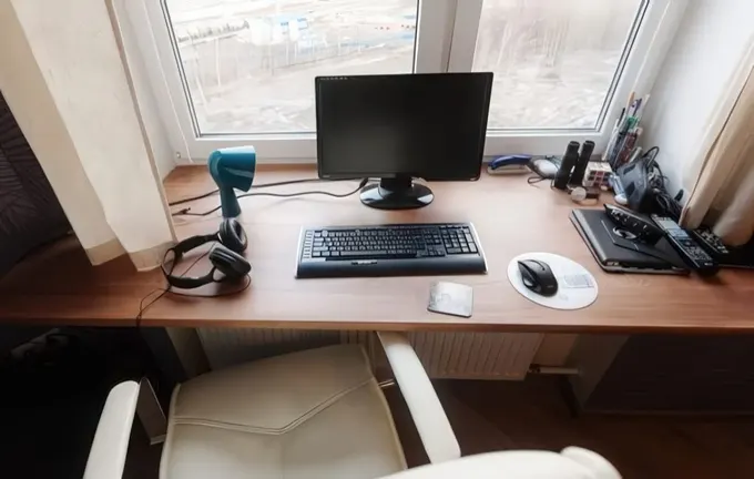 Pencere pervazında küçük bir çalışma alanı ve rahat beyaz deri sandalye.