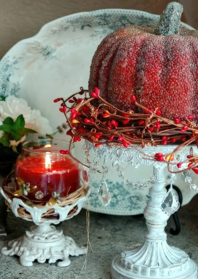 Bordo bir mum ve sehpa üzerindeki balkabağı, iç mekanınıza basit ve uygun maliyetli sonbahar dokunuşları sağlar.