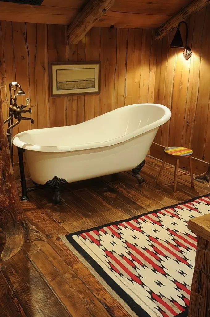 Tamamen ahşap kaplı ahır banyosu, pençeli küvet, parlak halı ve vintage armatürlerle donatılmış.