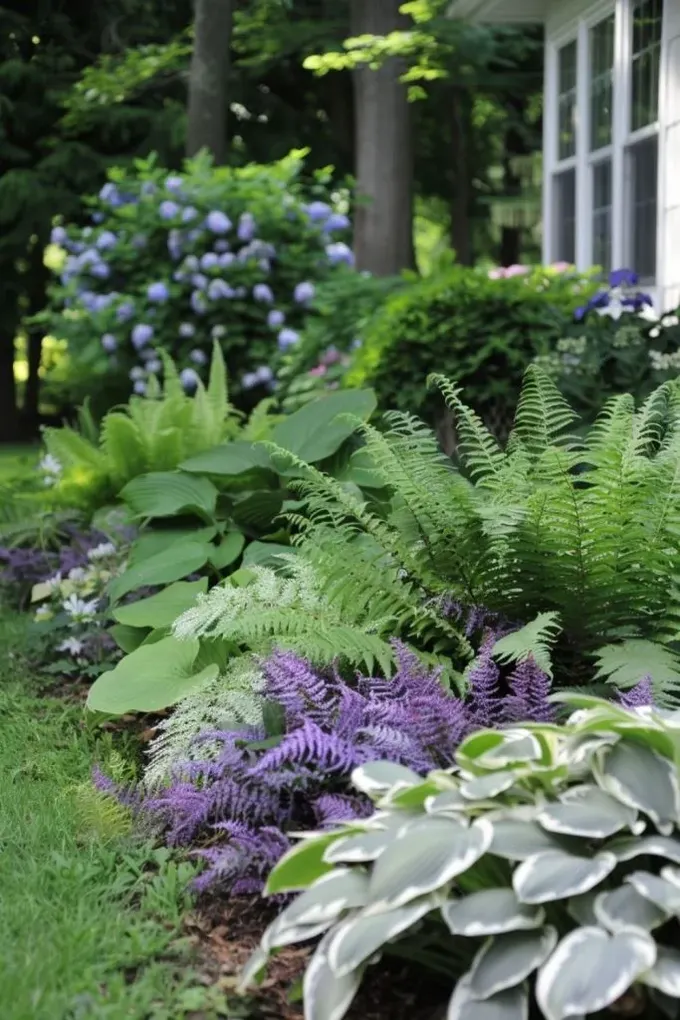 Gölgeli alan eğrelti otları, hosta ve mor ortancalarla düzenlendi.