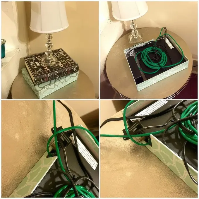Bir mendil kutusu ve masa lambası güç kablonuzu gizlemek için bir araya gelmiş. Üstteki sahte kitap da ekstra şıklık!
