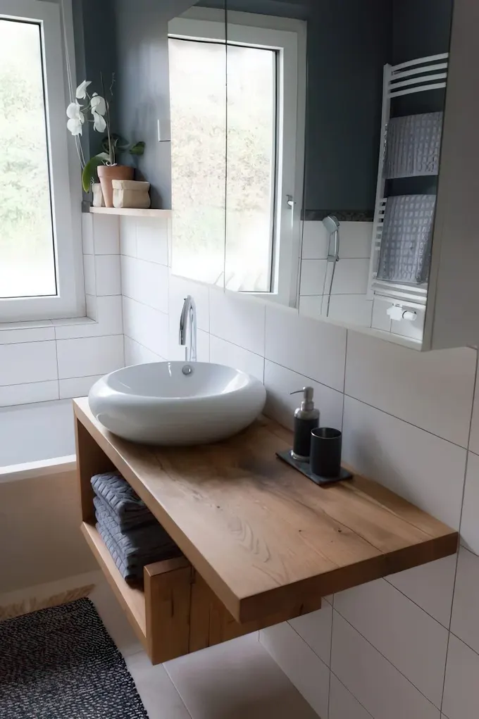 Açık depolama alanlı modern ahşap lavabo dolabı havlu saklamak için güzel fikir.