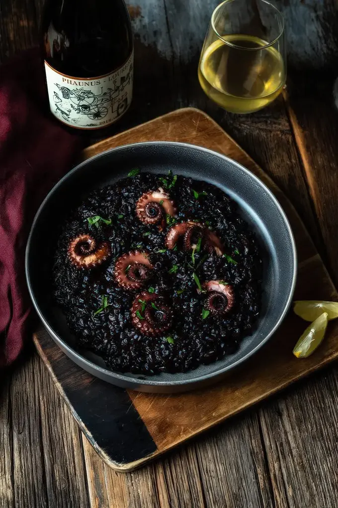 Ahtapotlu siyah risotto, Cadılar Bayramı için etkileyici ve göz alıcı bir fikir.