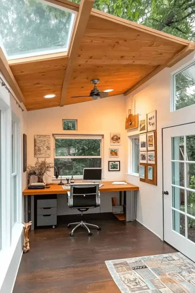 Küçük bahçe evi, program, birkaç lamba ve daha fazla doğal ışık için cam bölümlerle rahat bir çalışma alanı sunuyor.