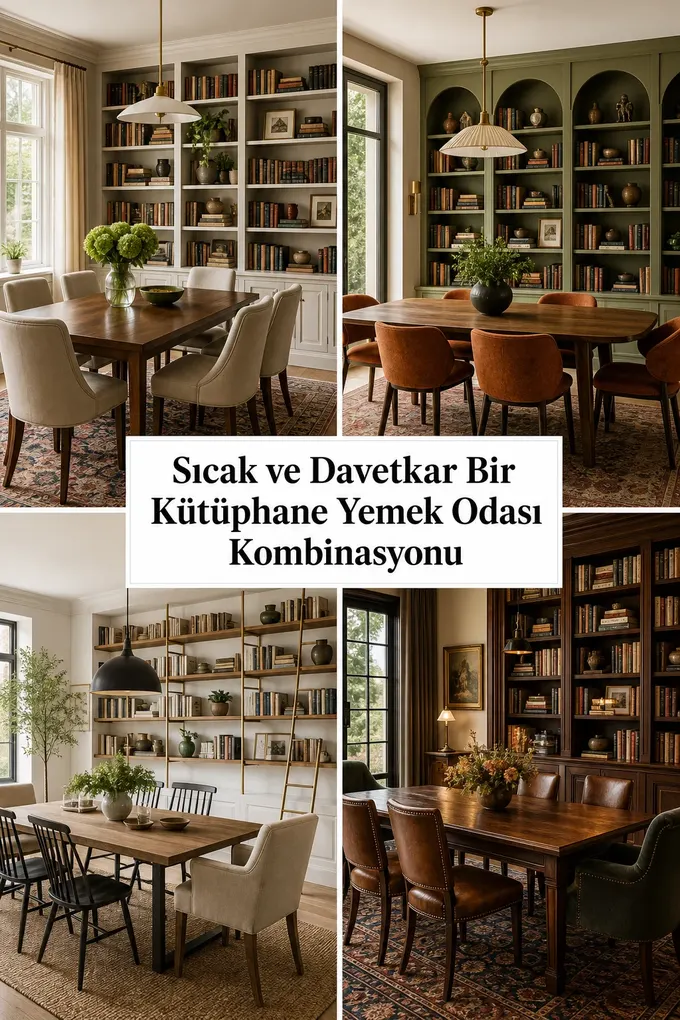 Sıcak ve Davetkar Bir Kütüphane Yemek Odası Kombinasyonu