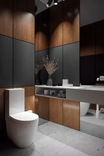Plywood ve siyah paneller, ayna, beton dolap ve gömme ışıklarla çağdaş misafir tuvaleti.