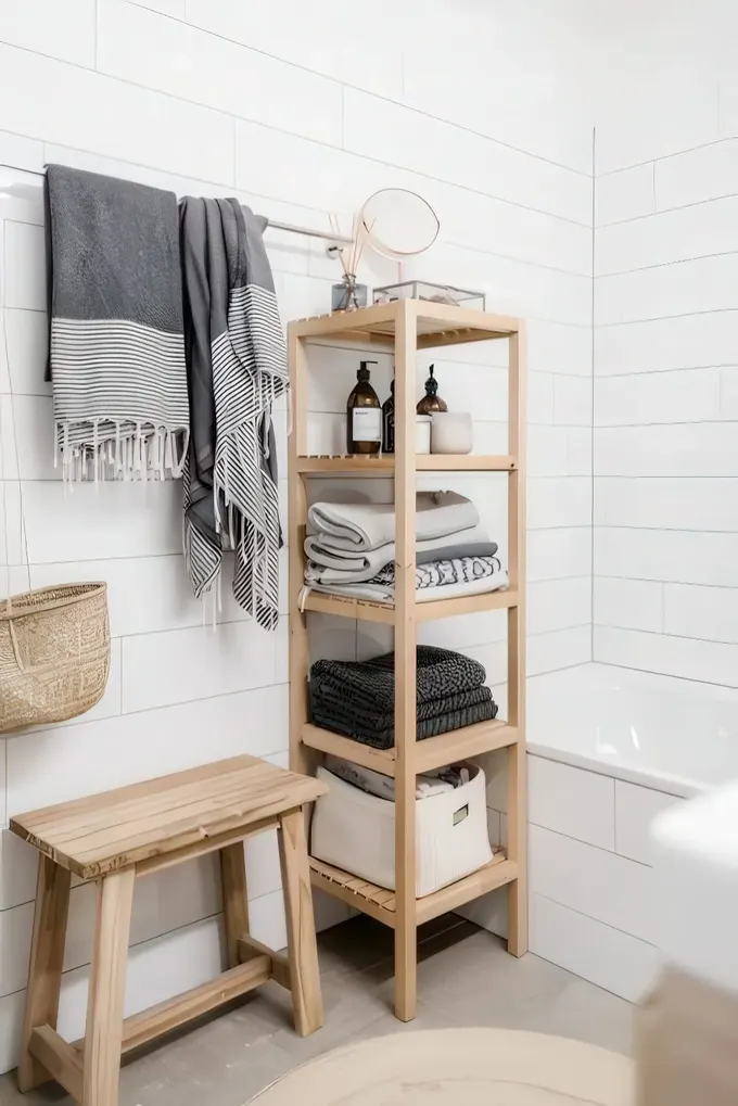 Minimalist ahşap raf, havlular ve gerekli banyo eşyaları ile üzerindeki havlu askılığıyla pratik.