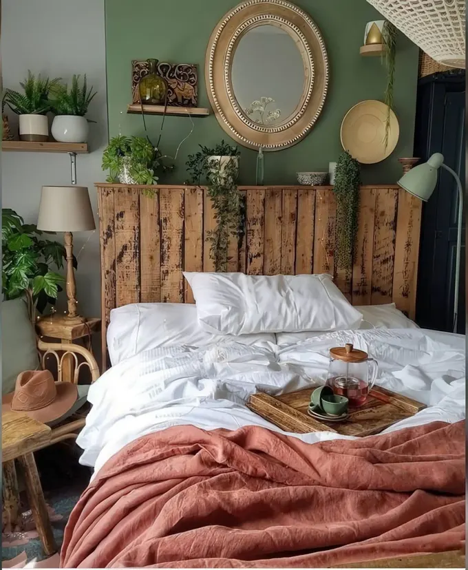 Yeşil duvar, palet yatak, galeri duvar, lambalar, saksı bitkileri ve dikkat çekici tekstillerle küçük boho yatak odası.