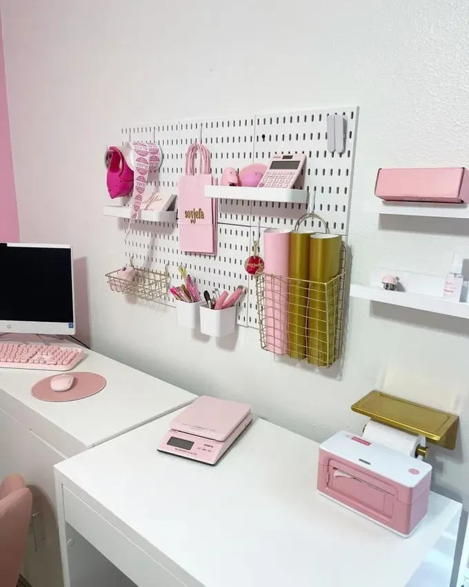 Pembe, altın ve beyazın karıştığı çalışma alanını pegboard renk uyumuyla destekliyor.