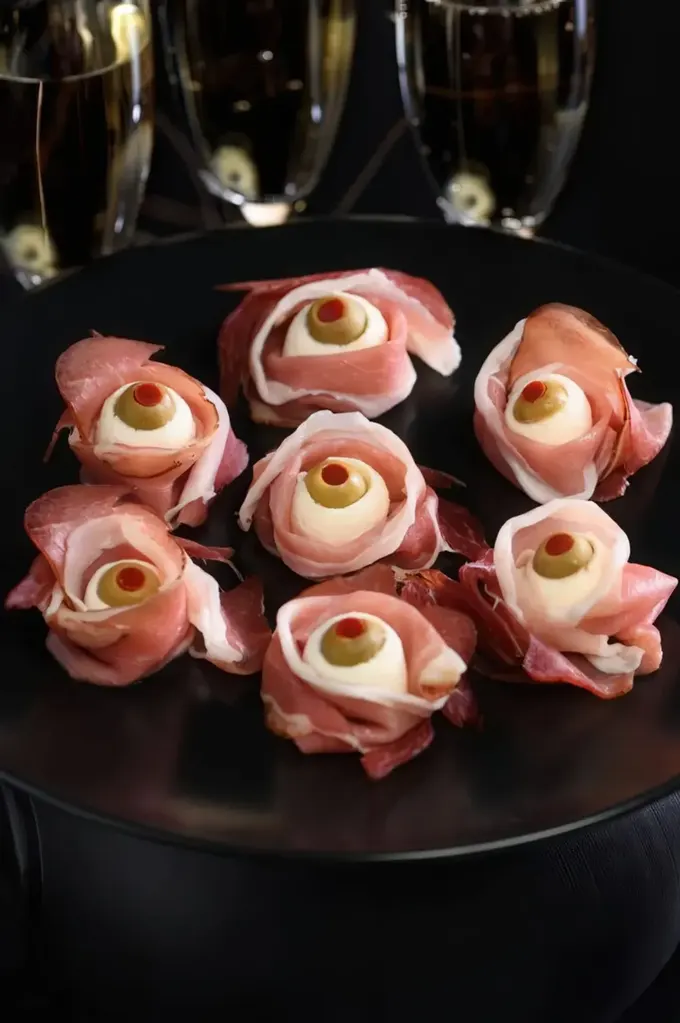 Bacon, zeytin ve peynirden oluşan korkutucu ve sevimli Cadılar Bayramı atıştırmalıkları, yetişkin partileri için ideal.